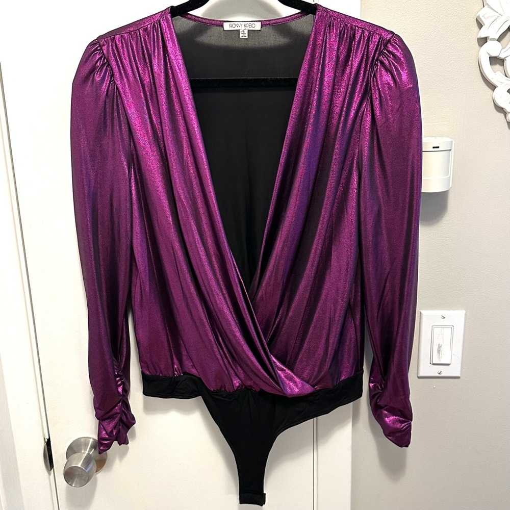Ronny Kobo Jewel Toned Metallic Purple Bodysuit S Deep V-neck Draped Long Sleeve